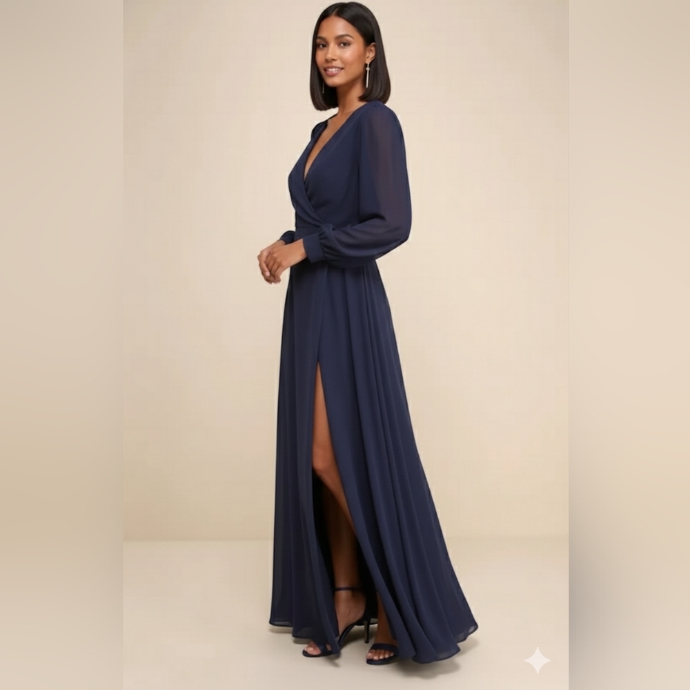 Lulus Navy Blue Chiffon Wrap Maxi Dress XS Long Sleeve Button Cuff Formal Brides